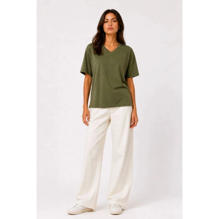 Kadın V Yaka Basic Tişört Kısa Kol Yazlık Regular Fit T-Shirt - Haki