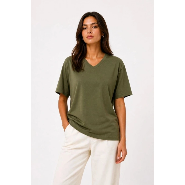 Kadın V Yaka Basic Tişört Kısa Kol Yazlık Regular Fit T-Shirt - Haki