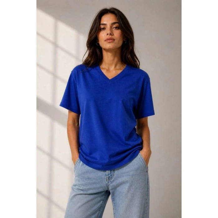 Kadın V Yaka Basic Tişört Kısa Kol Yazlık Regular Fit T-Shirt - Saks Mavisi