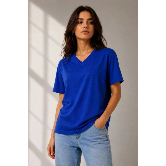 Kadın V Yaka Basic Tişört Kısa Kol Yazlık Regular Fit T-Shirt - Saks Mavisi