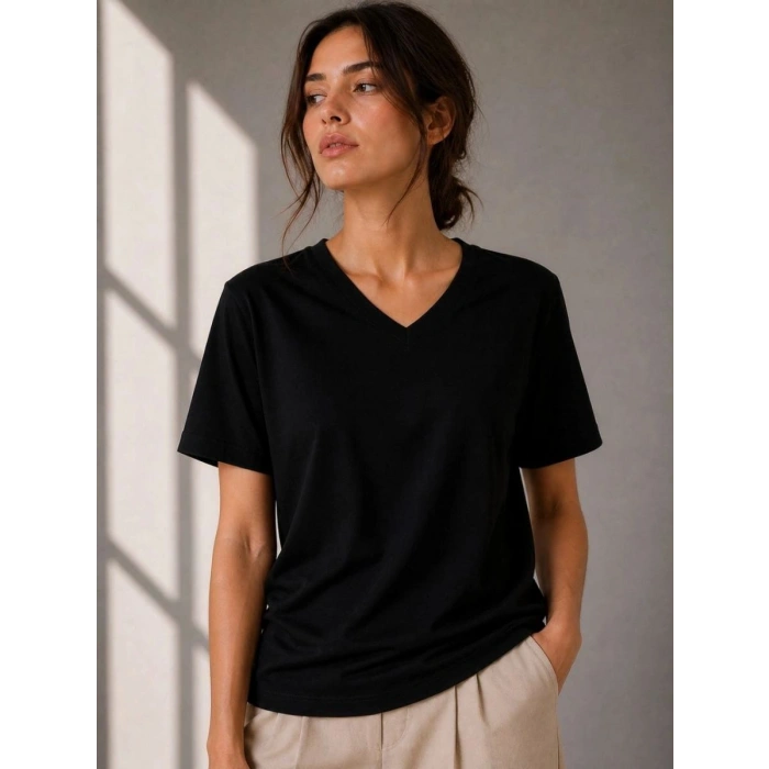 Kadın V Yaka Basic Tişört Kısa Kol Yazlık Regular Fit T-Shirt - Siyah