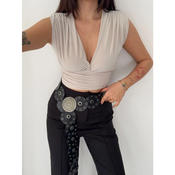 Kadın Vatkalı Kolsuz V Yaka Drapeli Crop Bluz Likralı Fit - Boyalı Gri