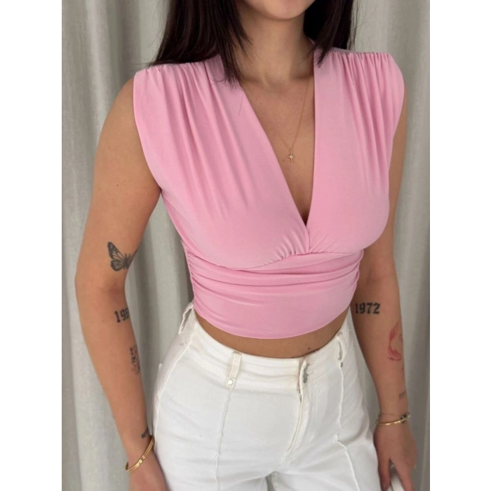 Kadın Vatkalı Kolsuz V Yaka Drapeli Crop Bluz Likralı Fit - Pembe