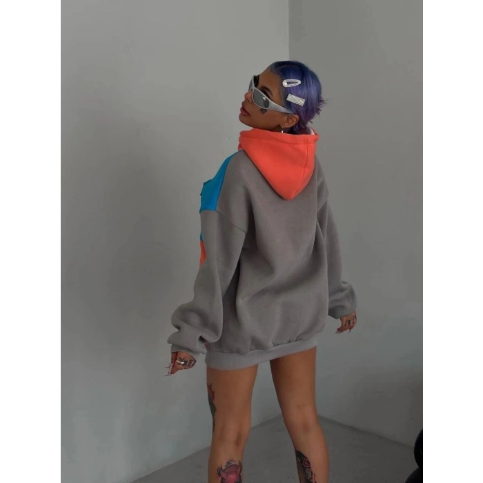 Kadın W Nakış İşlemeli Kapüşonlu 3 iplik pamuklu Parçalı Sweatshirt Hoodie - Mavi