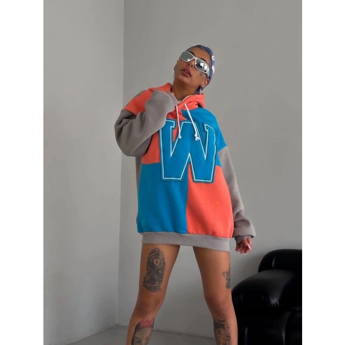 Kadın W Nakış İşlemeli Kapüşonlu 3 iplik pamuklu Parçalı Sweatshirt Hoodie - Mavi