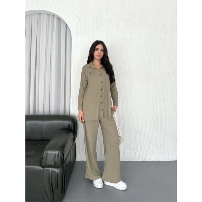 Kadın Yakalı Düğmeli Uzun Kollu Gömlek Pantolon ikili Takım - Bej