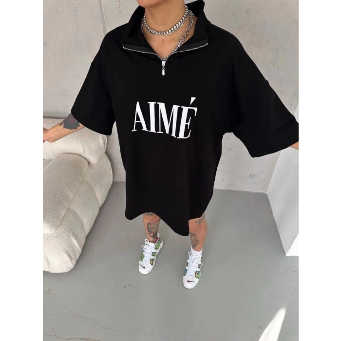 Kadın Yarım Fermuarlı Tişört Baskılı T-Shirt - Siyah