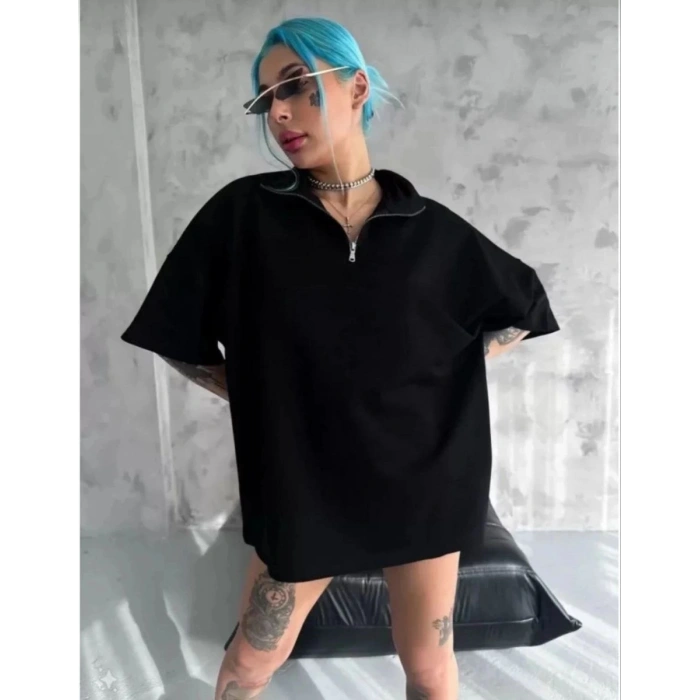 Kadın Yarım Fermuarlı Tişört Düz Oversize T-Shirt - Siyah
