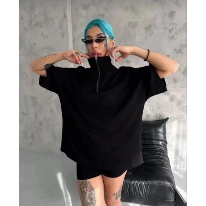 Kadın Yarım Fermuarlı Tişört Düz Oversize T-Shirt - Siyah