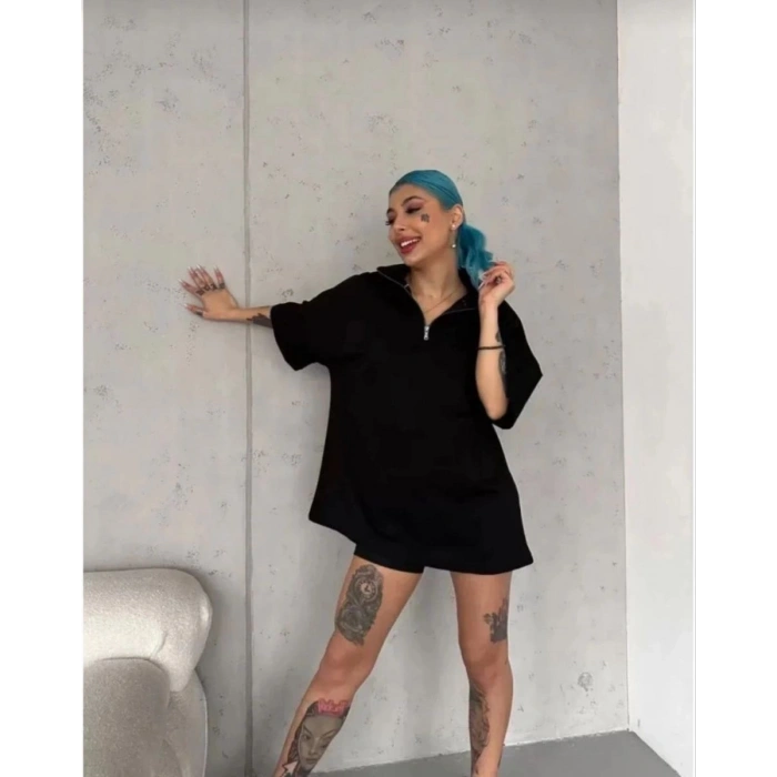 Kadın Yarım Fermuarlı Tişört Düz Oversize T-Shirt - Siyah