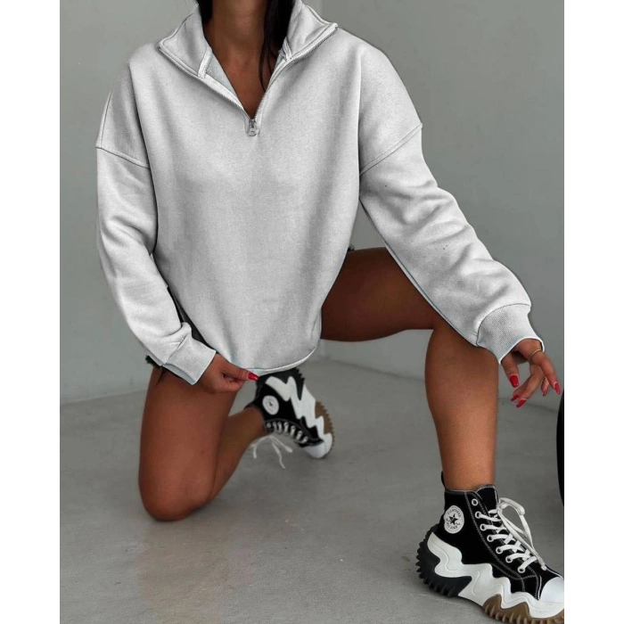 Kadın Yarım Fermuarlı Üç İplik Sweatshirt - Gri