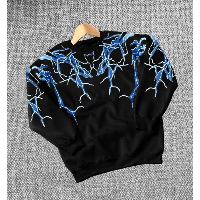 Kadın Yıldırım Baskılı Bisiklet Yaka 3 iplik pamuklu Sweatshirt - Siyah