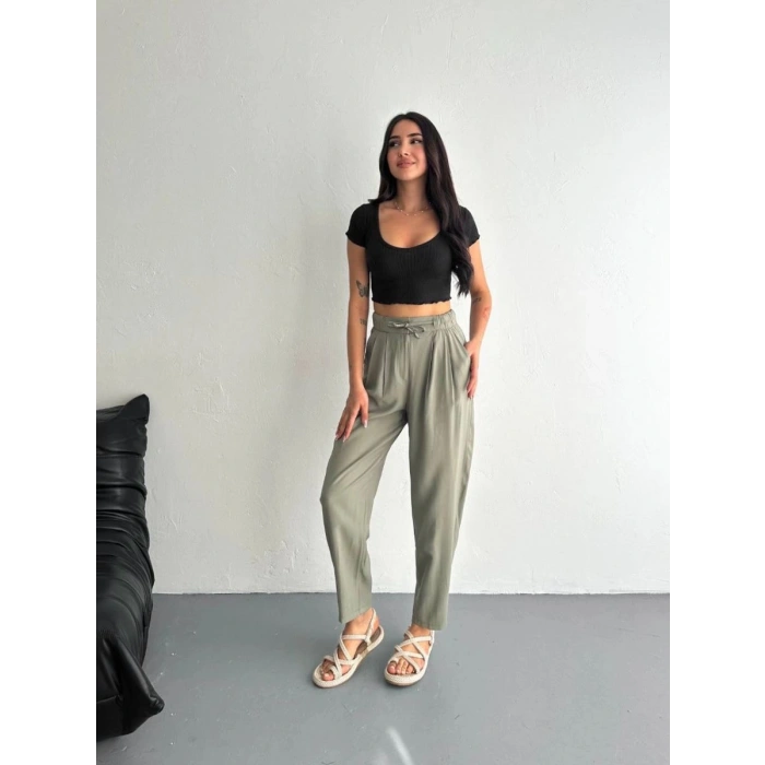 Kadın Yüksel Bel Beli Bağcıklı Cepli Rahat Paça Pantolon - Su Yeşili