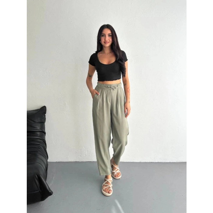 Kadın Yüksel Bel Beli Bağcıklı Cepli Rahat Paça Pantolon - Su Yeşili