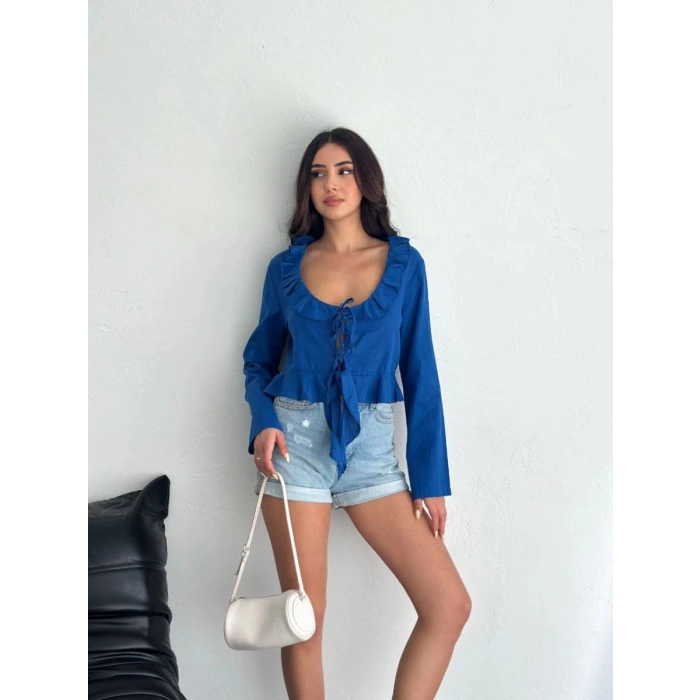 Keten Uzun Kol Bağacık Detaylı Bluz - Lacivert