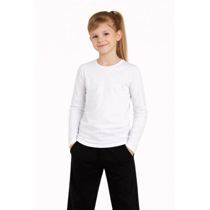 Kız Çocuk Basic Uzun Kollu Tişört Okul Günlük Rahat T-Shirt - Beyaz