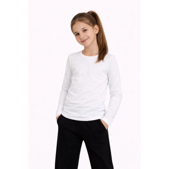 Kız Çocuk Basic Uzun Kollu Tişört Okul Günlük Rahat T-Shirt - Beyaz