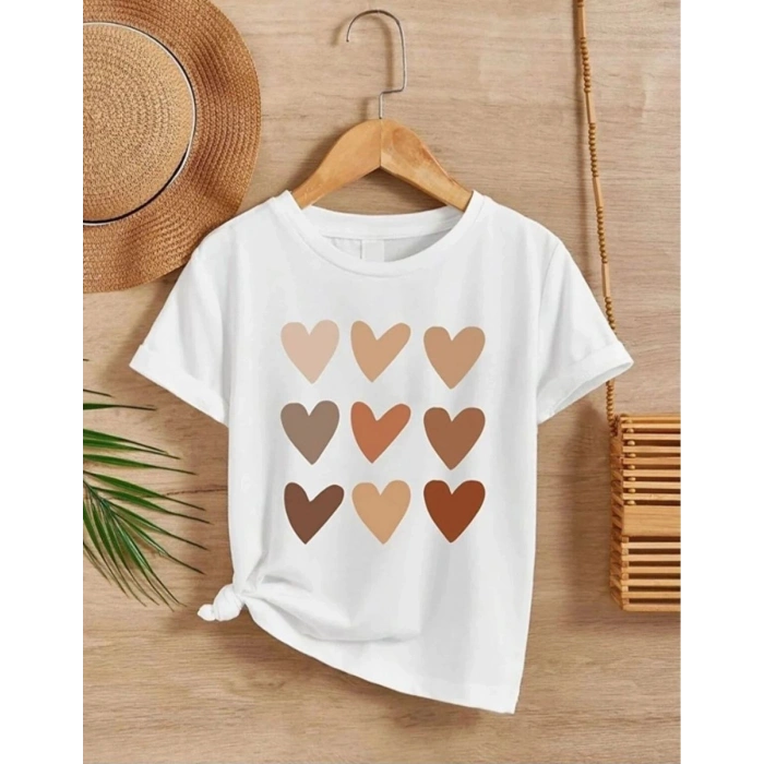 Kız Çocuk Bisiklet Yaka Baskılı T-Shirt - Beyaz