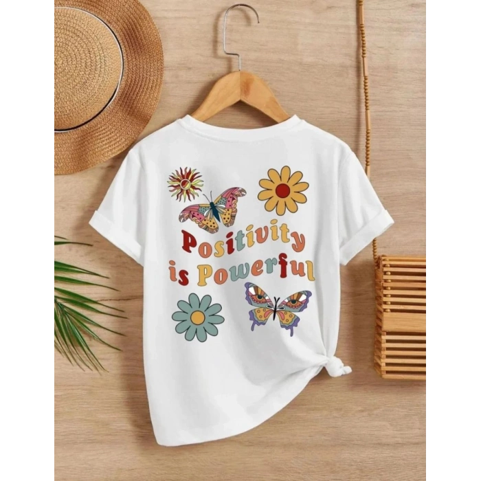 Kız Çocuk Bisiklet Yaka Baskılı T-Shirt - Beyaz