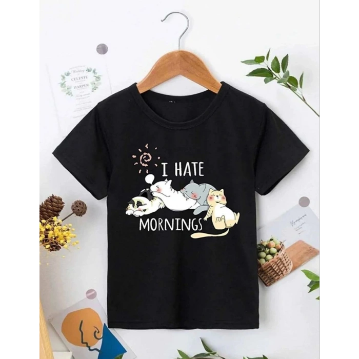 Kız Çocuk Bisiklet Yaka Baskılı T-Shirt - Siyah