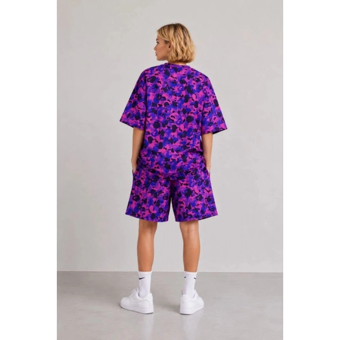 Kız Çocuk Oversize Kalıp Pubg Bape X Shark Nakışlı Cepli Şort Takım - Mor