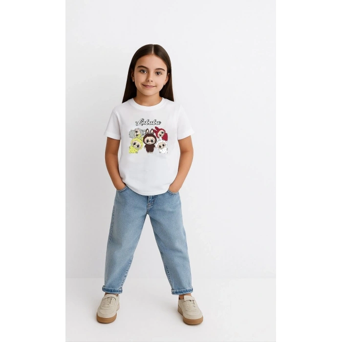 Kız Labubu Çocuk Baskılı T-Shirt - Beyaz