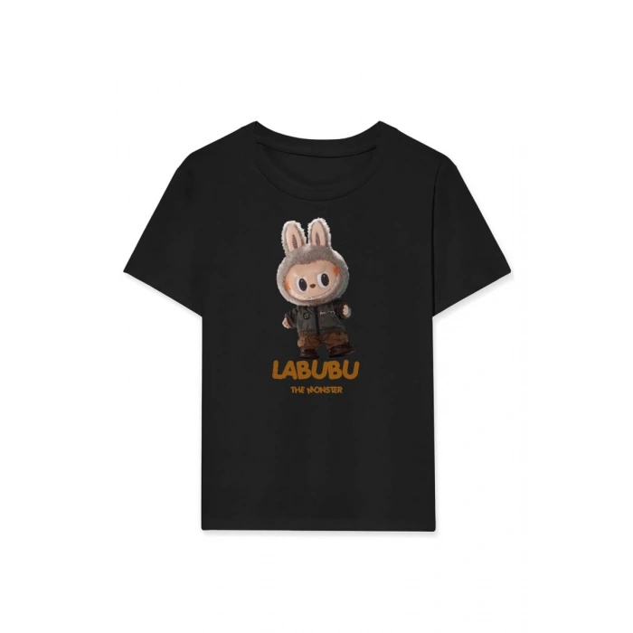 Kız Labubu Çocuk Baskılı T-Shirt - Siyah