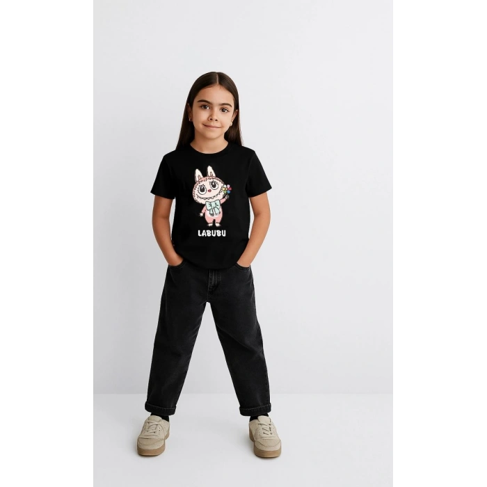 Kız Labubu Çocuk Baskılı T-Shirt - Siyah