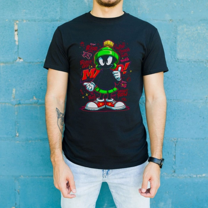 Marvin the Martian Graffiti Baskılı Unisex Siyah Tişört - 24/1 Penye Pamuklu