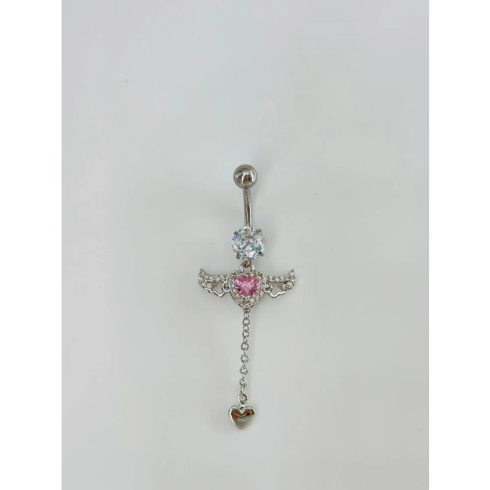 Melek Kanatlı Pembe Taşlı Sallantılı Göbek Piercing