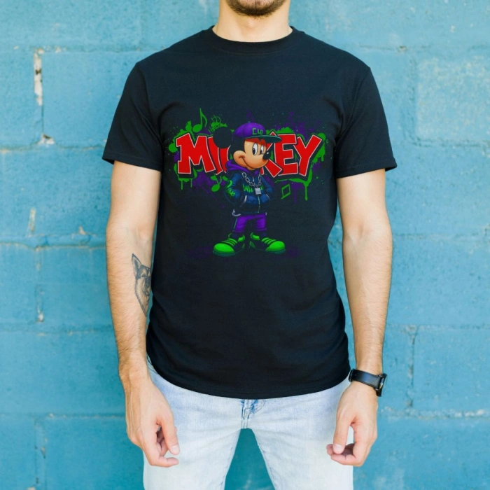 Mickey Mouse Graffiti Baskılı Unisex Siyah Oversize Tişört - 24/1 Penye