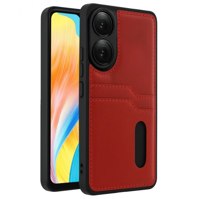 Oppo A38 Sara Kartvizitli Deri Kılıf - Kırmızı