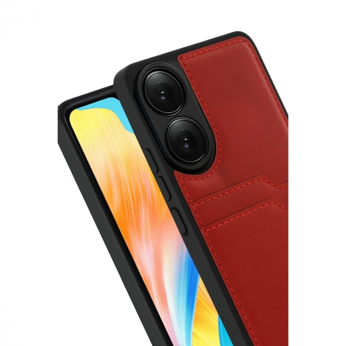 Oppo A38 Sara Kartvizitli Deri Kılıf - Kırmızı