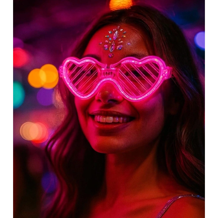 Pembe Led Işıklı Kalp Gözlük – 3 Modlu Parti  Glow Gözlüğü
