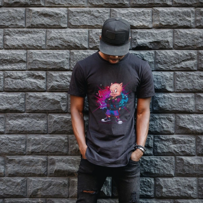Porky Pig Graffiti Baskılı Unisex Siyah Oversize Tişört - 24/1 Penye