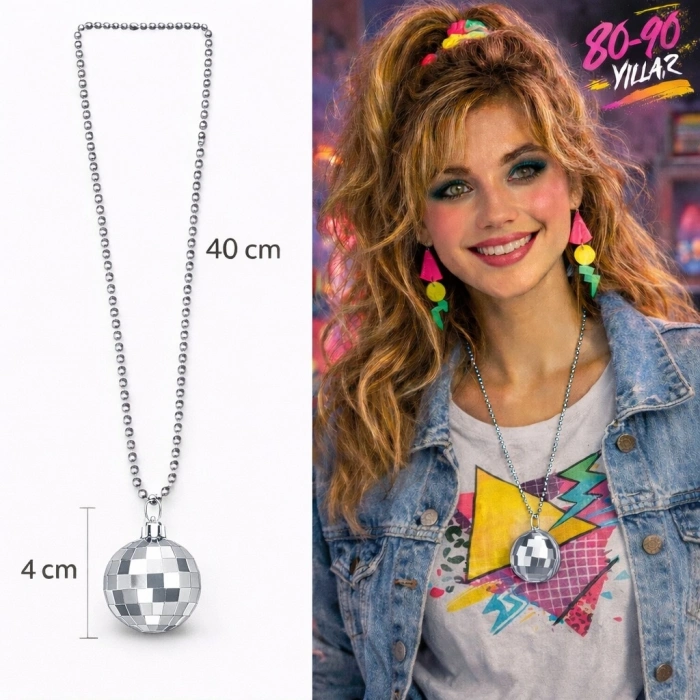 Retro Disko Topu Şekilli 8039ler 9039lar Gümüş Renk Plastik Kolye