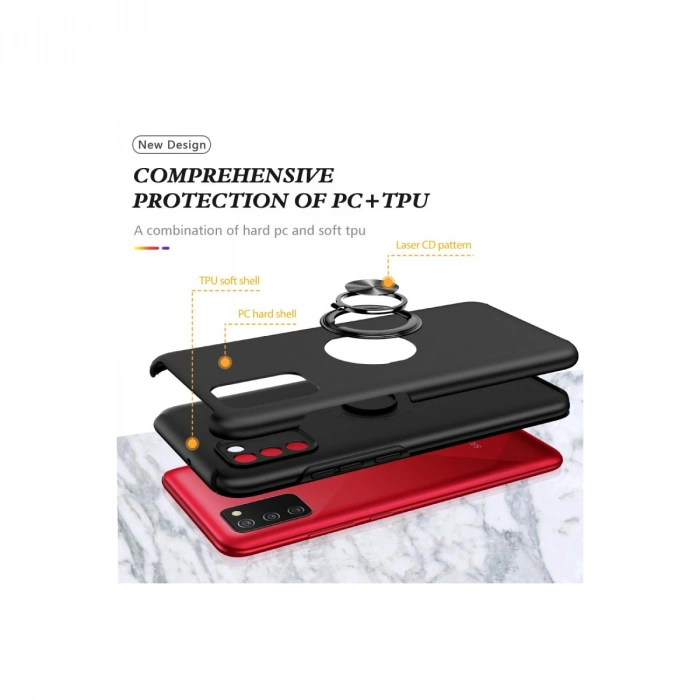 Samsung Galaxy A02s Kılıf Elit Yüzüklü Kapak - Siyah