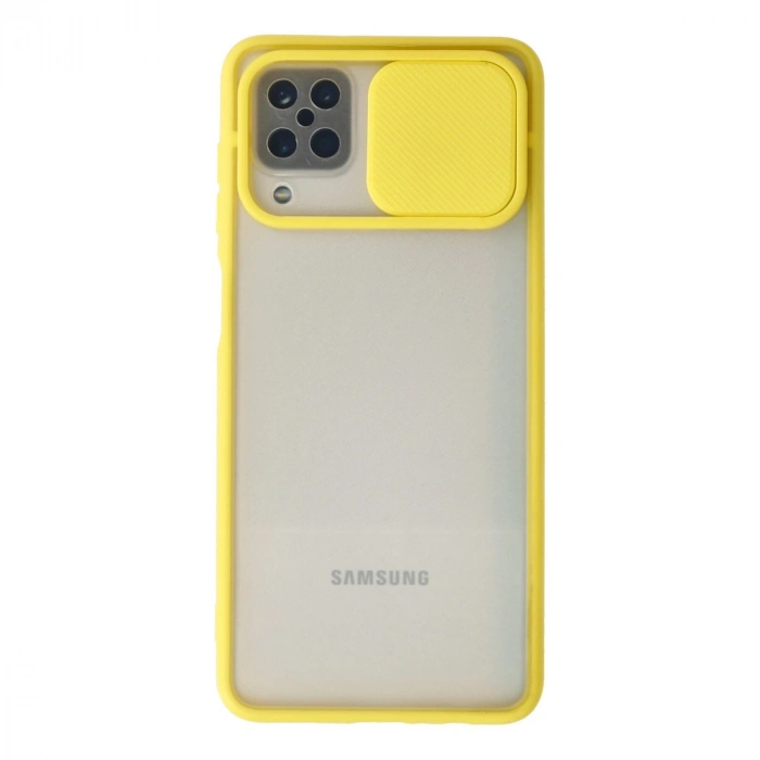 Samsung Galaxy A12 Kılıf Palm Buzlu Kamera Sürgülü Silikon - Sarı