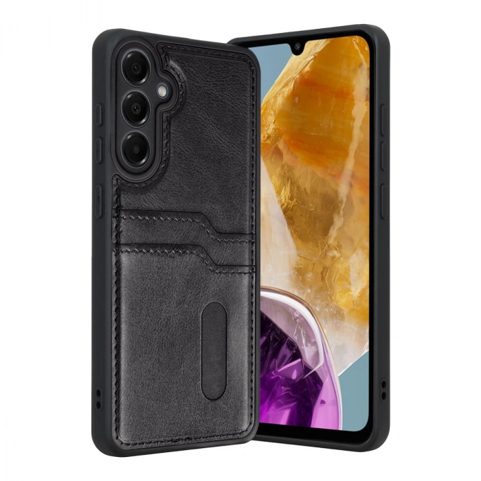 Samsung Galaxy M15 Sara Kartvizitli Deri Kılıf - Siyah