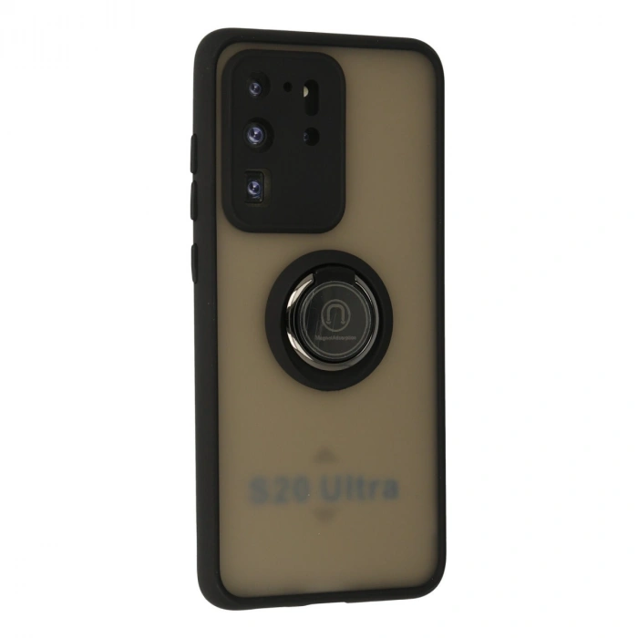 Samsung Galaxy S20 Ultra Kılıf Montreal Yüzüklü Silikon Kapak - Siyah