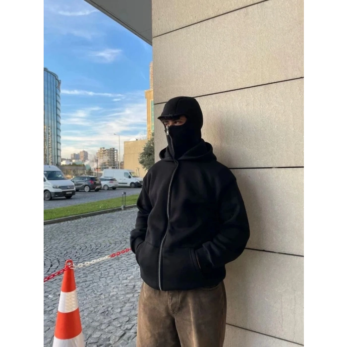 Samuray Ninja Çift Kapşonlu ZIP Fermuarlı Kanguru Çepli Tam Fermuarlı Hoodie Swetshirt - Siyah