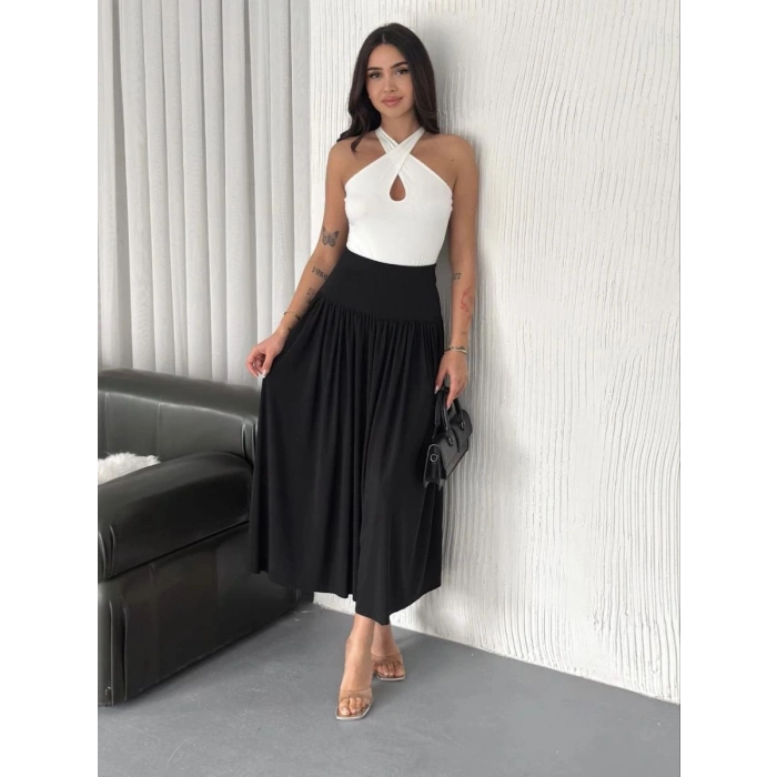 Sandy Uzun Beli Lastikli Yüksel Bel Etek Yazlık - Siyah