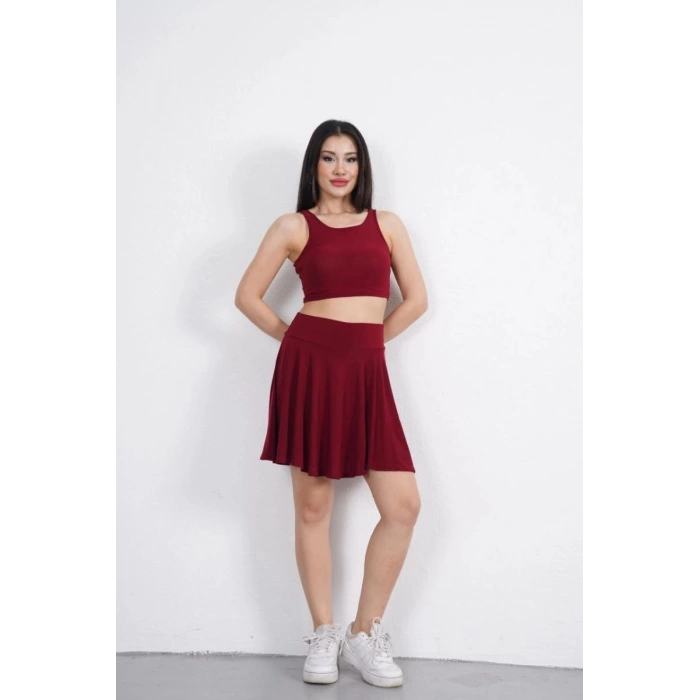Sendy Kumaş Bisiklet Yaka Crop Şortlu Etek ikili Takım - Bordo