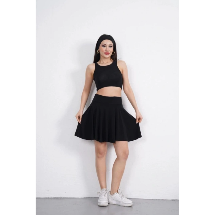 Sendy Kumaş Bisiklet Yaka Crop Şortlu Etek ikili Takım - Siyah