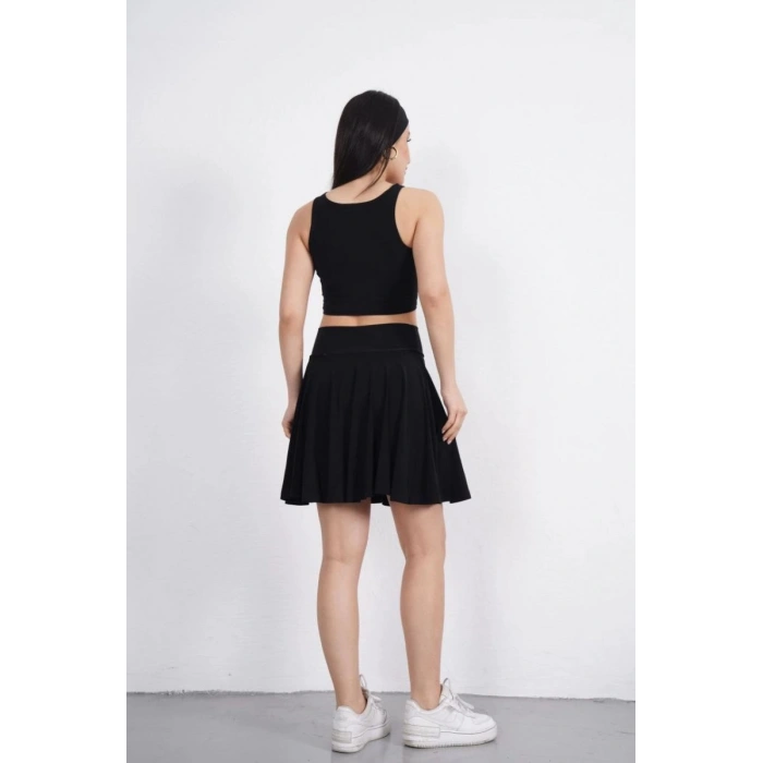 Sendy Kumaş Bisiklet Yaka Crop Şortlu Etek ikili Takım - Siyah