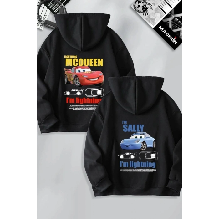 Sevgililer Günü Araba Temalı Baskılı Oversize Kapüşonlu Sweatshirt Hoodie - Siyah