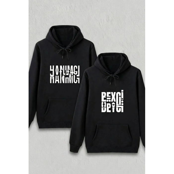 Sevgililer Günü Özel Kapüşonlu Beyci Baskılı Oversize Sweatshirt - Siyah