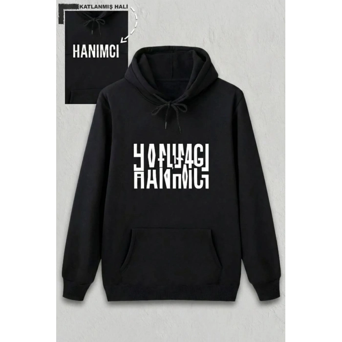 Sevgililer Günü Özel Kapüşonlu Hanımcı Baskılı Oversize Sweatshirt - Siyah