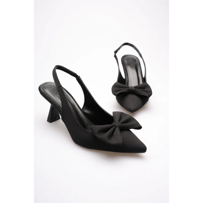 Siyah Fiyonklu Kitten Topuklu Slingback Kadın Ayakkabı TR08MS24A