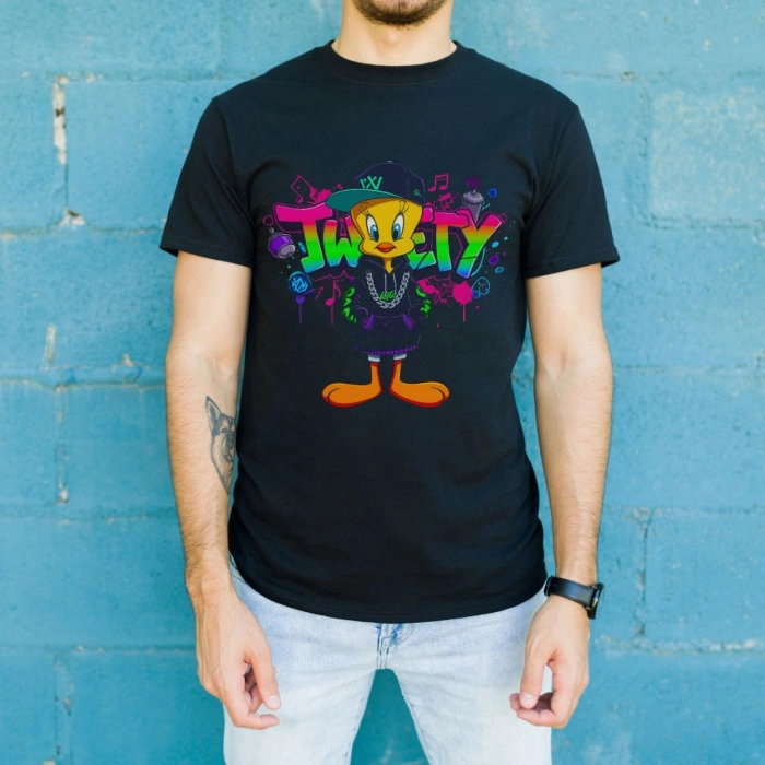 Tweety Graffiti Baskılı Unisex Siyah Oversize Tişört - 24/1 Penye